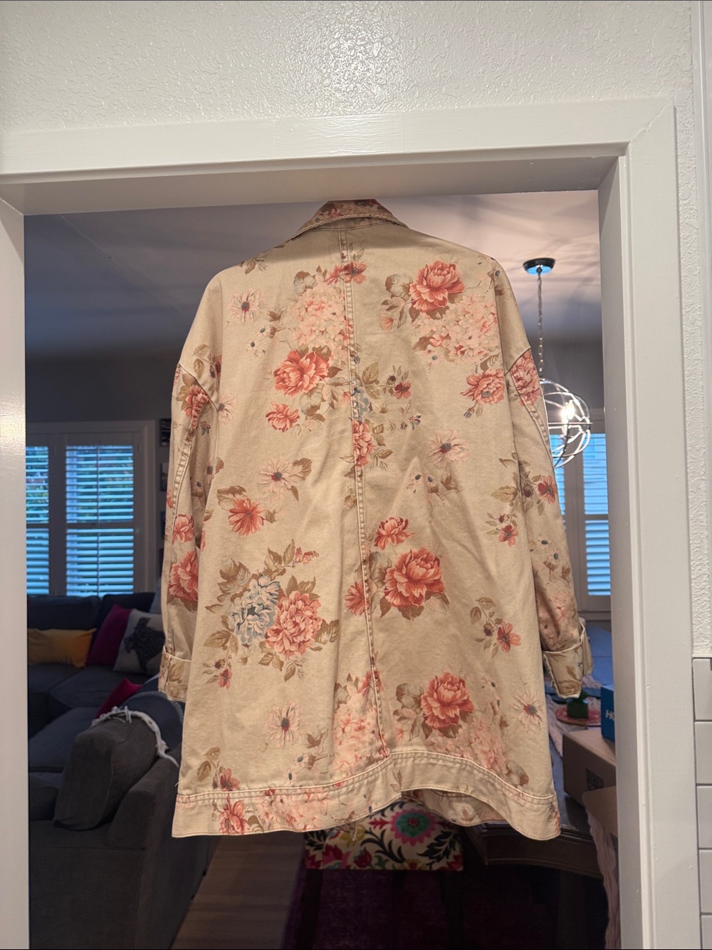 Free People Beige Utility Jacket with Pink Floral Print - Picture 3 of 3
